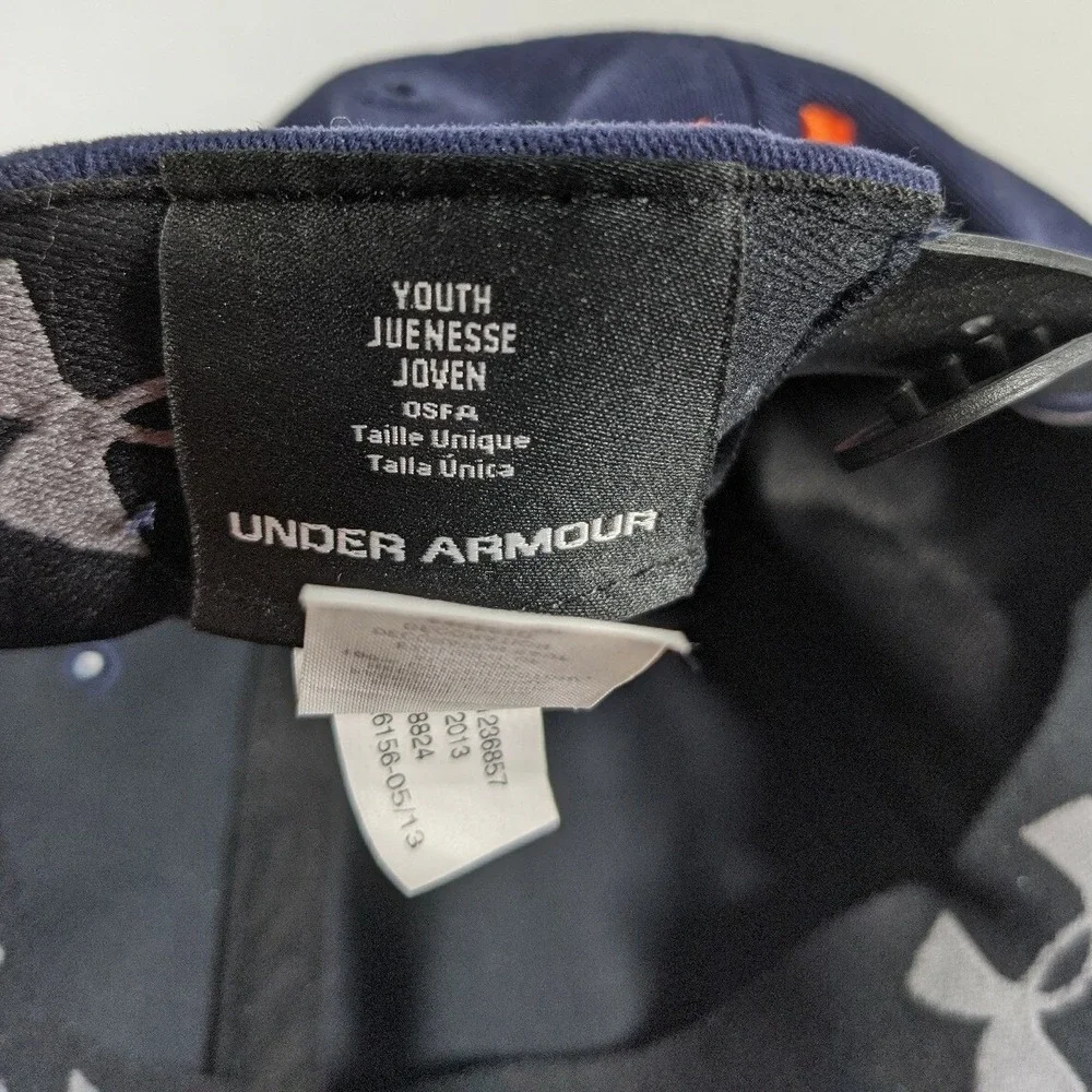 Under Armour Youth Hat Navy Blue Orange Logo HeatGear Snapback Baseball Cap OSFA